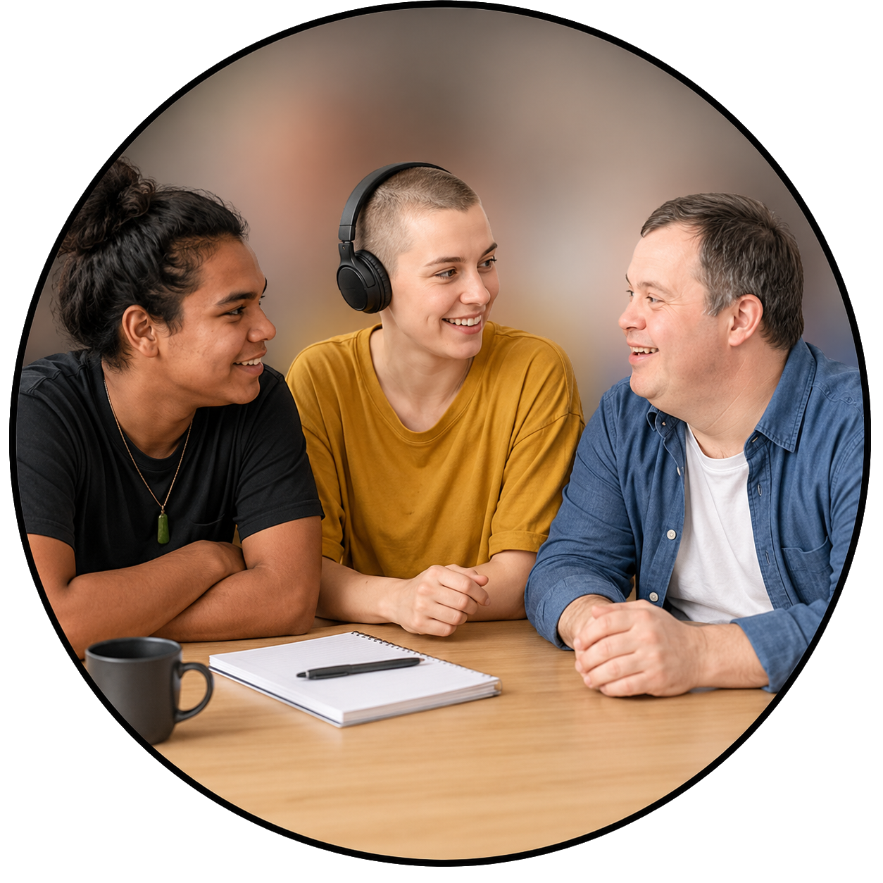 Three people sitting at a table talking in a friendly way, one is wearing headphones, one has brown skin