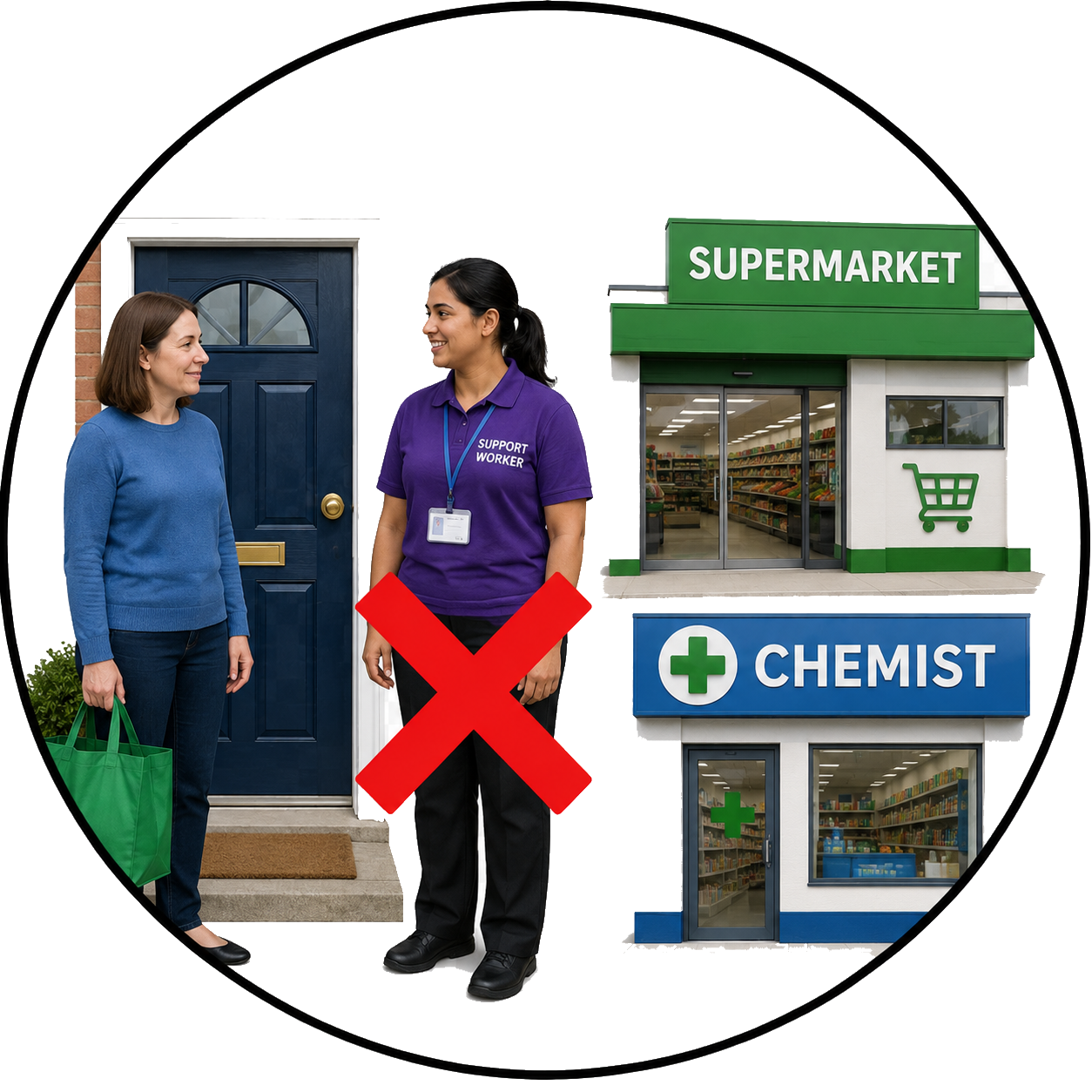 A support worker standing between shops and going out with a cross to indicate you cannot access their help