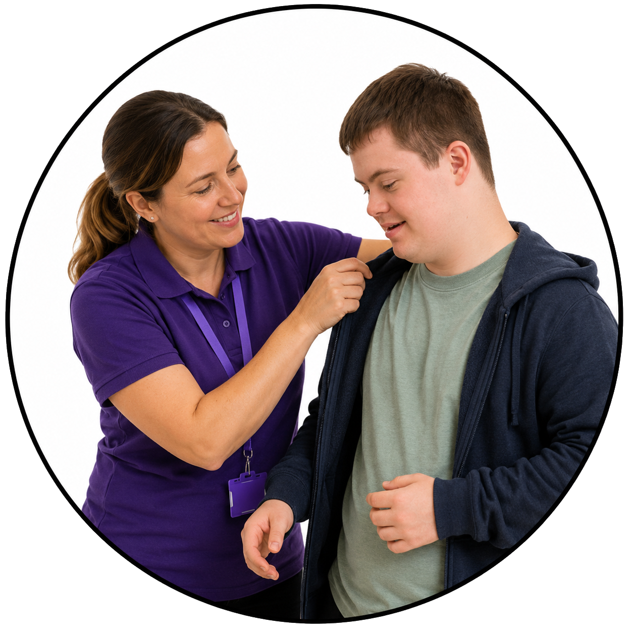 A woman helping a man put his jacket on