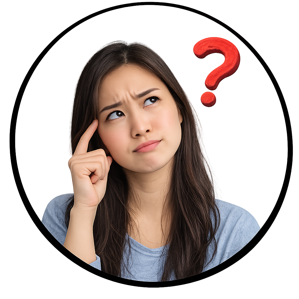 A woman who is questioning herself and looking bemused - she has a question mark near her head