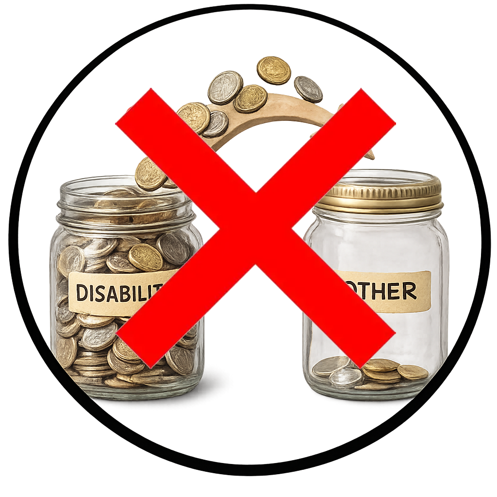 A jar containing money with an arrow showing the money moving to another jar - a red cross is over it