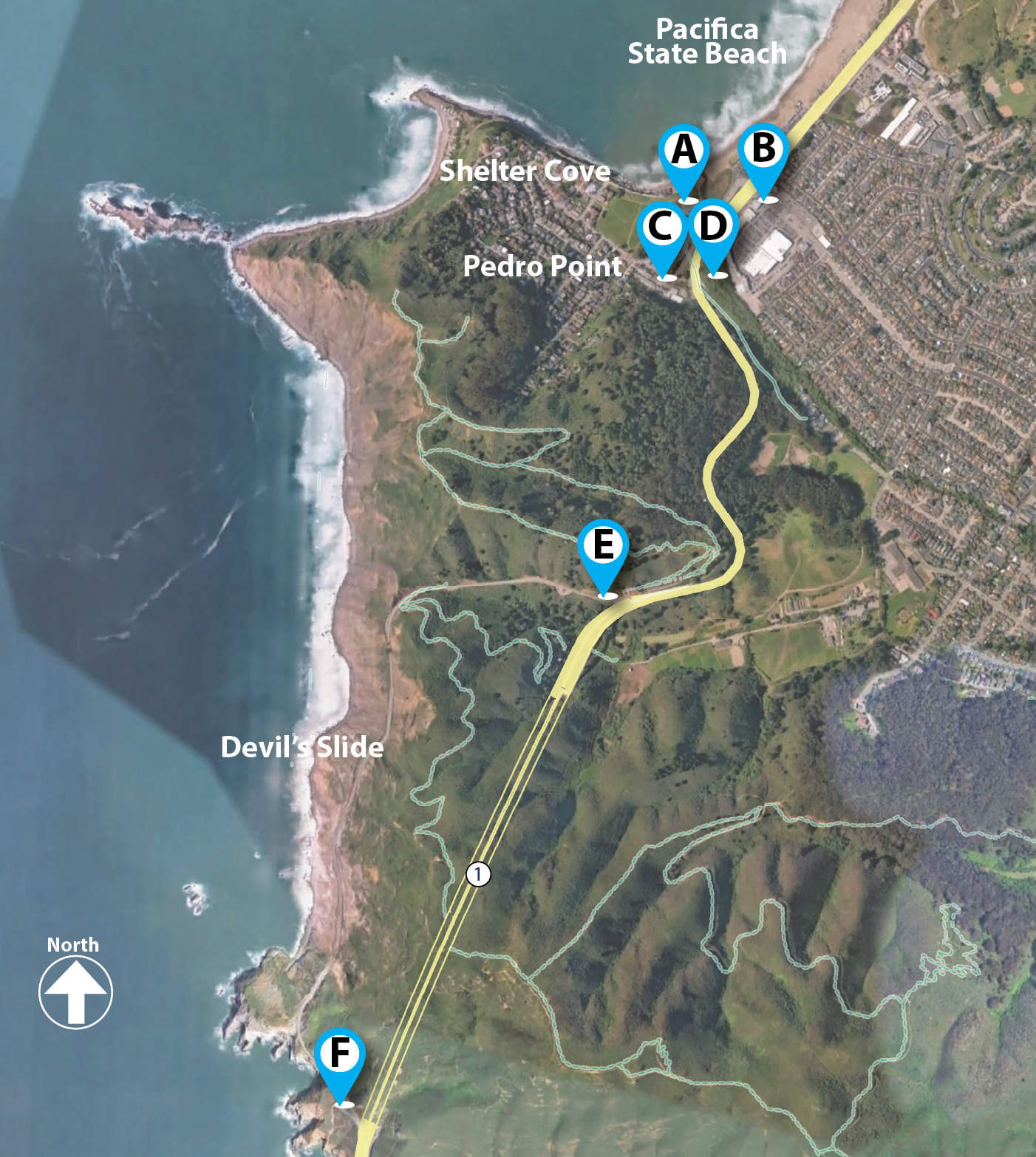 Map of Pedro Point Trail including reference points for accessing the trail