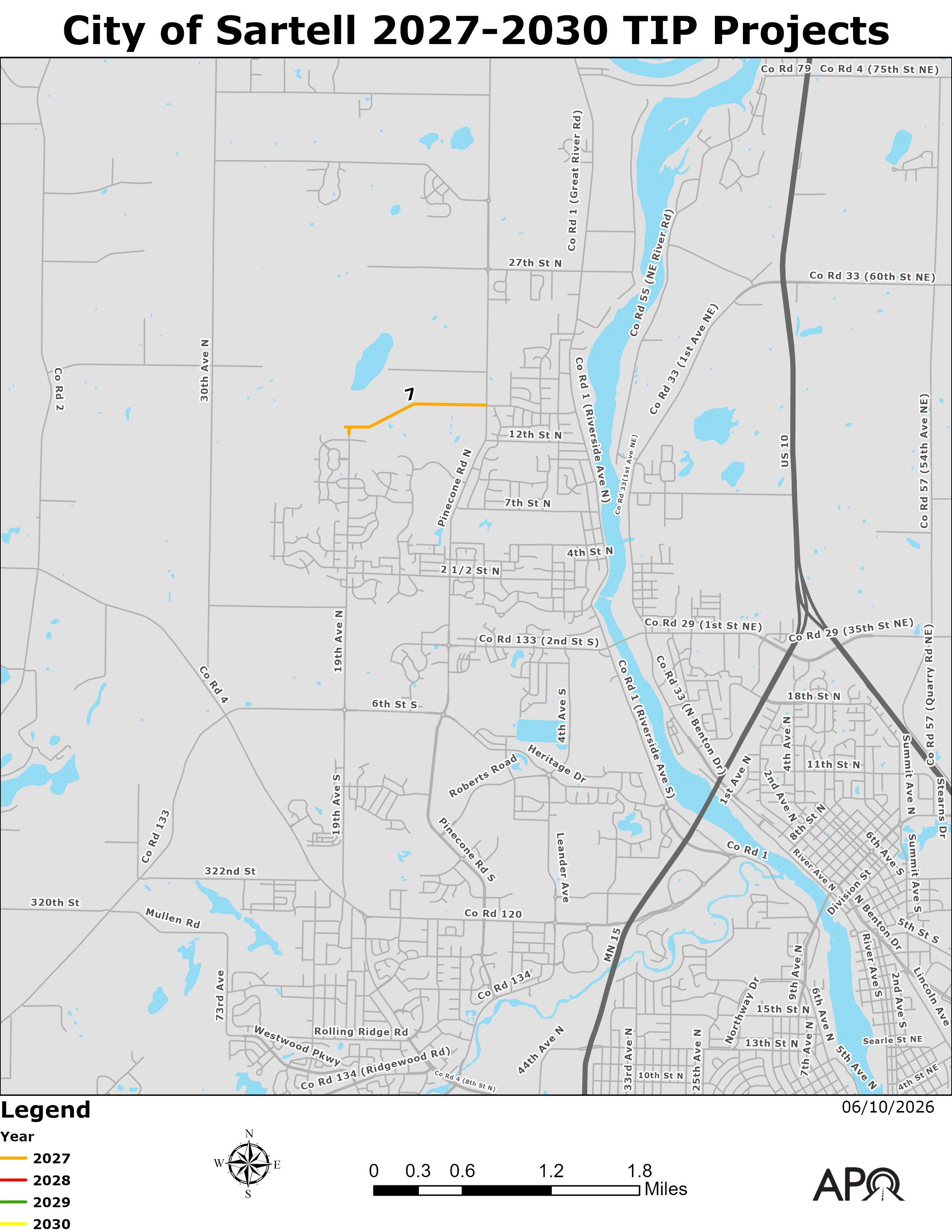Map of the locations of the federally-funded projects led by the City of Sartell. 