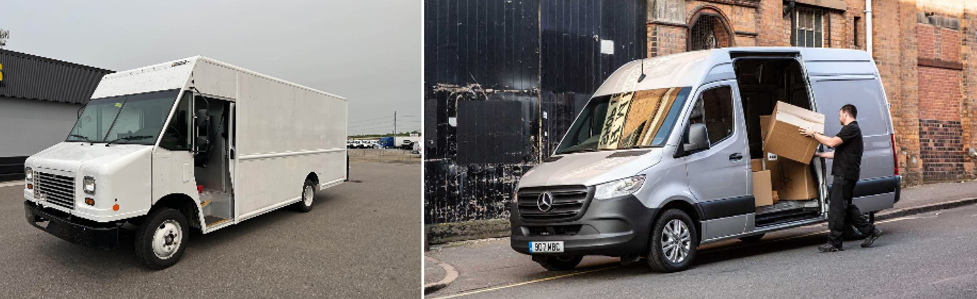 From left to right: A white delivery truck parked in a parking lot; A van parked in a loading zone with the sliding door open. A delivery person is moving boxes out of the van.