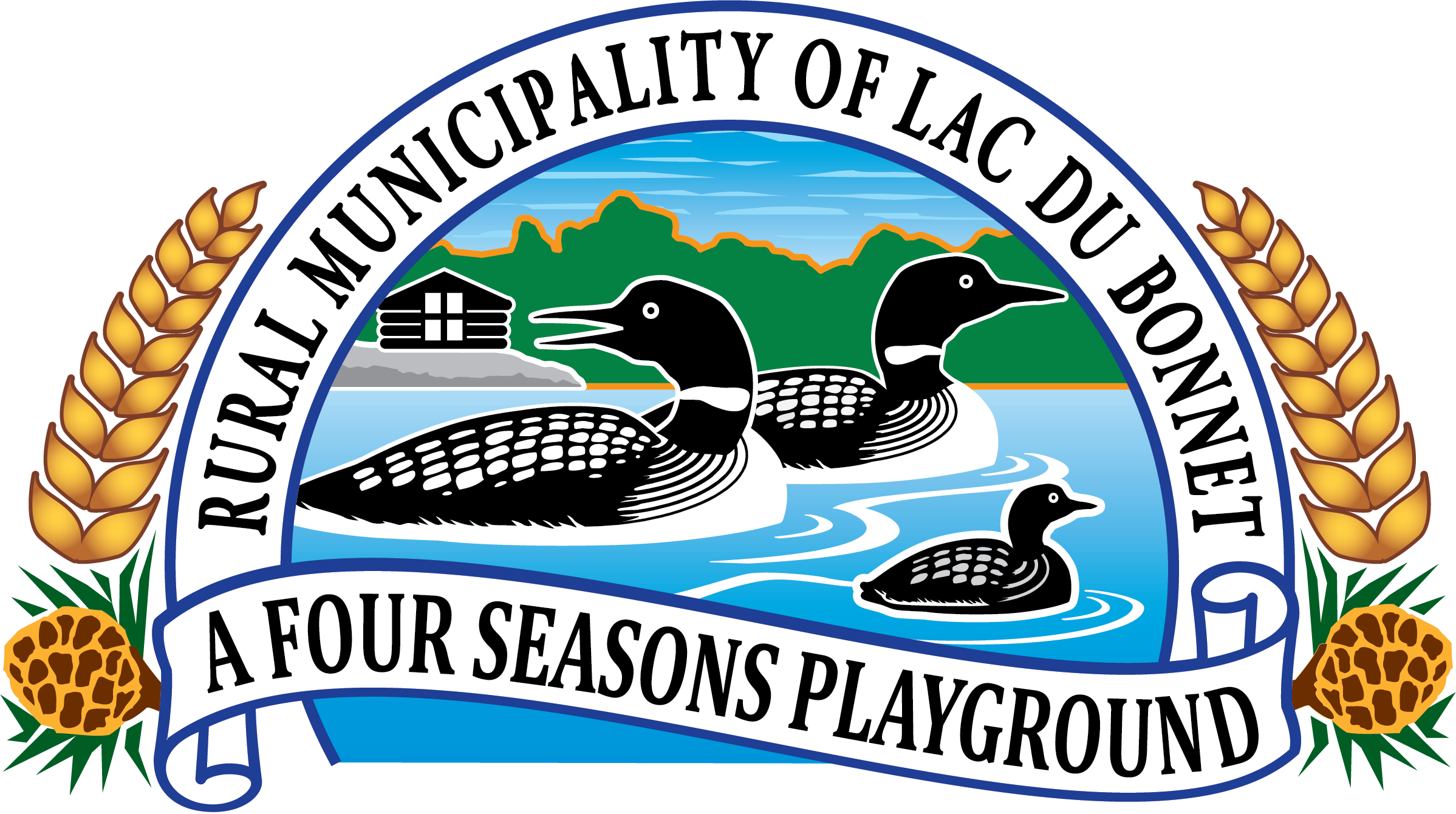 The Rural Municipality of Lac du Bonnet's crest, which contains the motto "a four seasons playground" and features three loons in water with trees and a cabin behind them, and a sheath of wheat on each side.