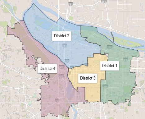 Shows Map of POrtland City Districts also found at www.portland.gov/council/districts