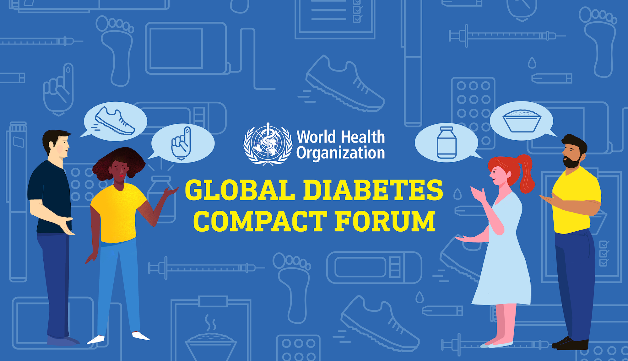 WHO Global Diabetes Compact Forum. A picture of four people, two women and two men, discussing diabetes related issues.