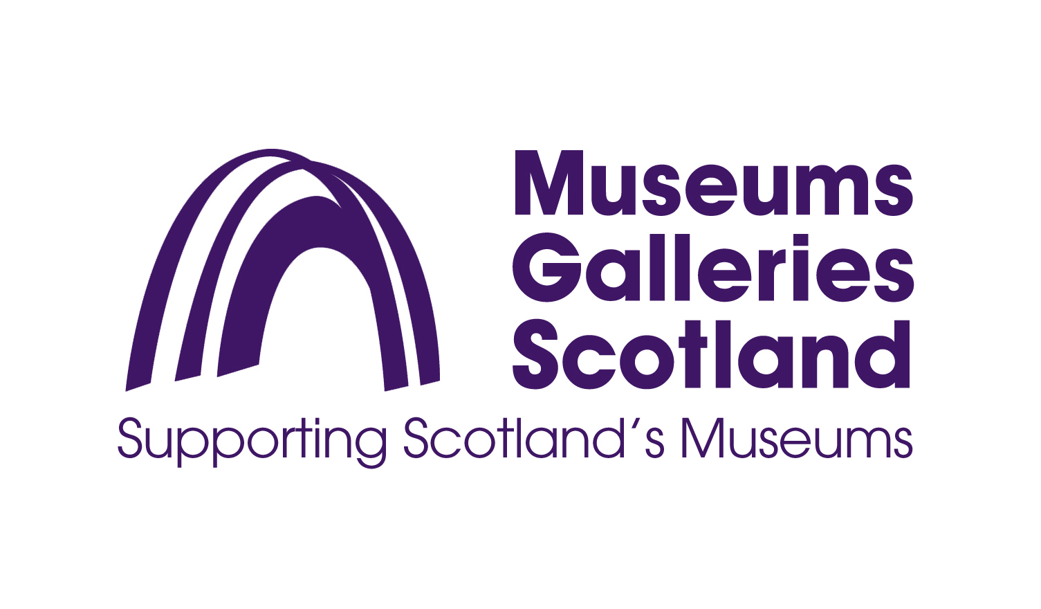 A decorative logo of three dark purple stylised arches sits alongside the text "Museums Galleries Scotland". A text line underneath reads "Supporting Scotland's Museums