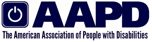AAPD logo with a power up symbol, AAPD in thick capital letters in dark purple. Underneath text says American Association of People with Disabilities