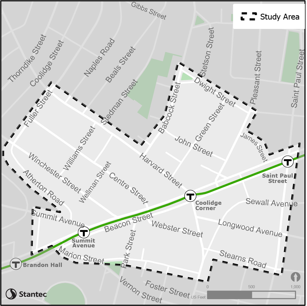 Map of Study Area for the Coolidge Corner Signage Study, showing an outline of the Coolidge Corner Neighborhood boundary. 