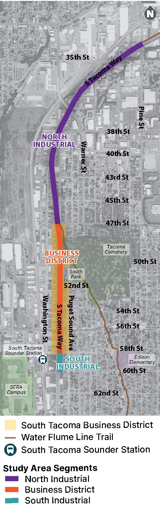 Map of South Tacoma Way highlighting the 3 segments.