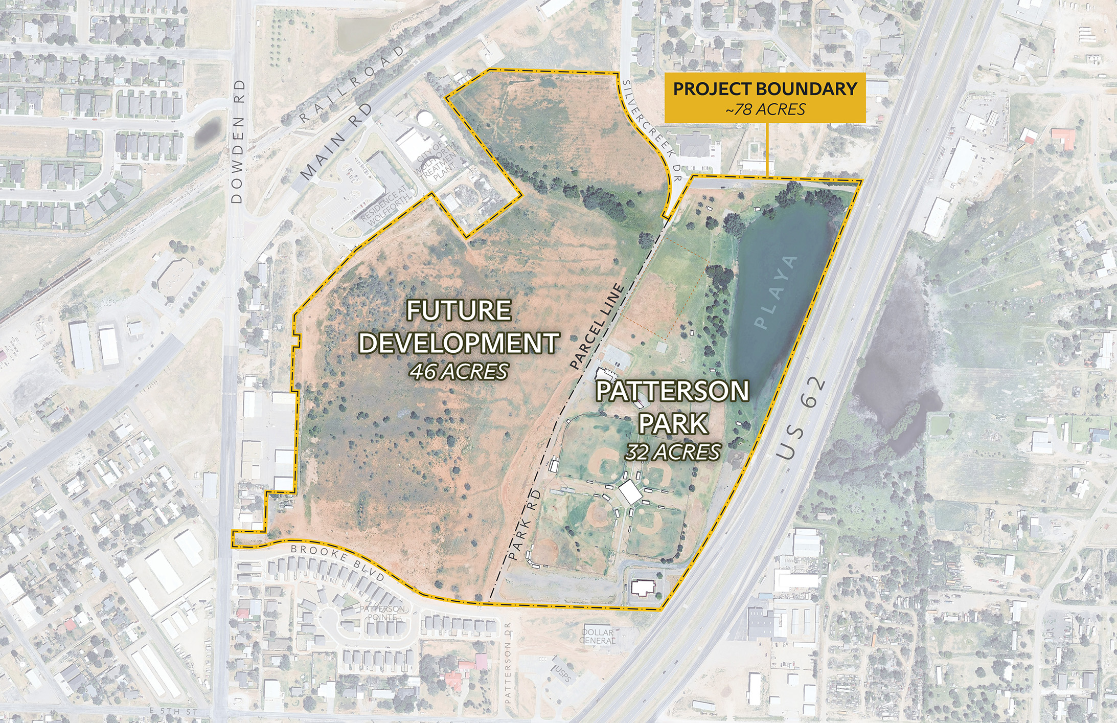 Existing aerial highlighting the project’s 78-acre boundary and surrounding context.