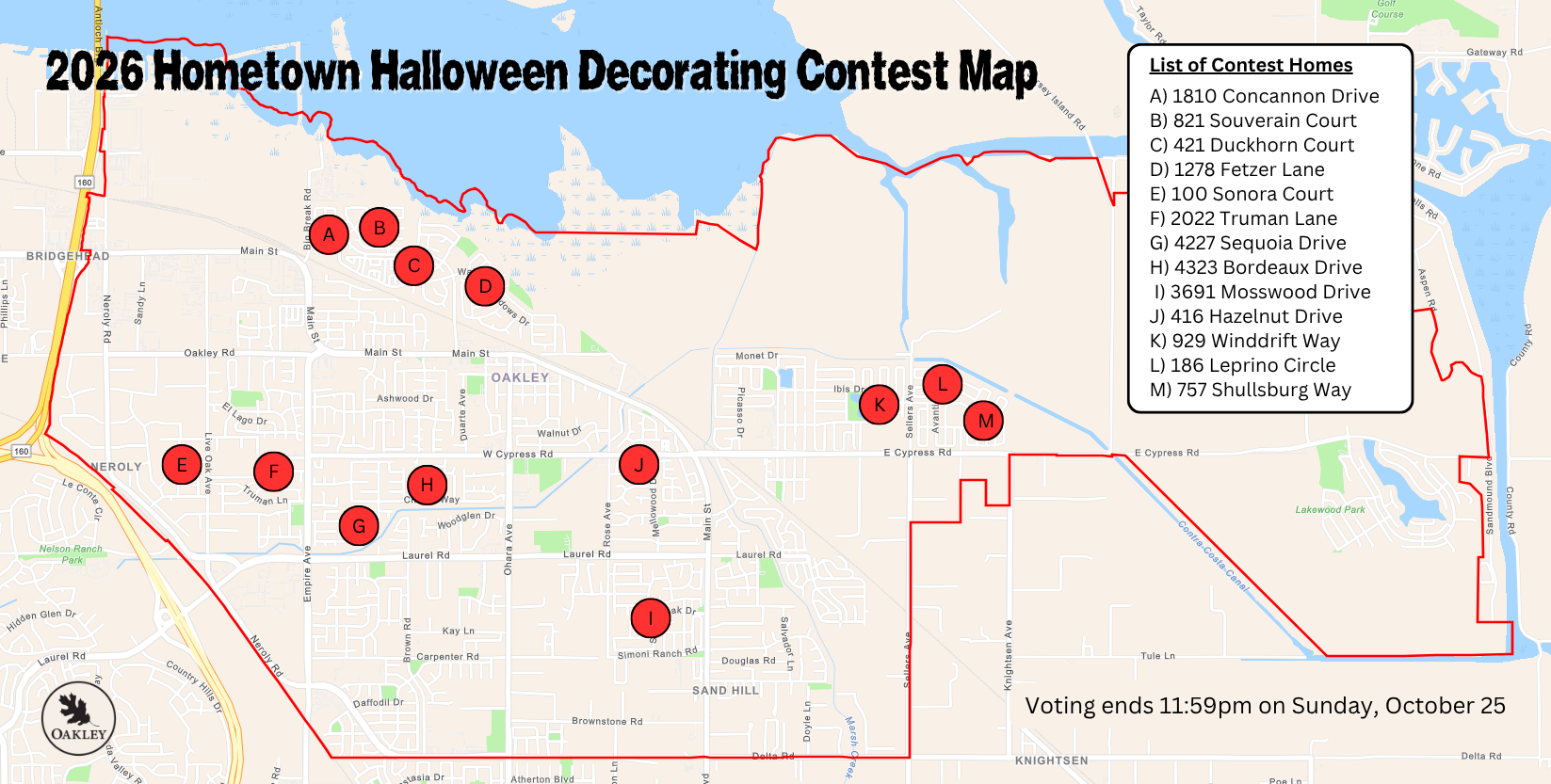 Map of Oakley, CA homes entered into the contest.