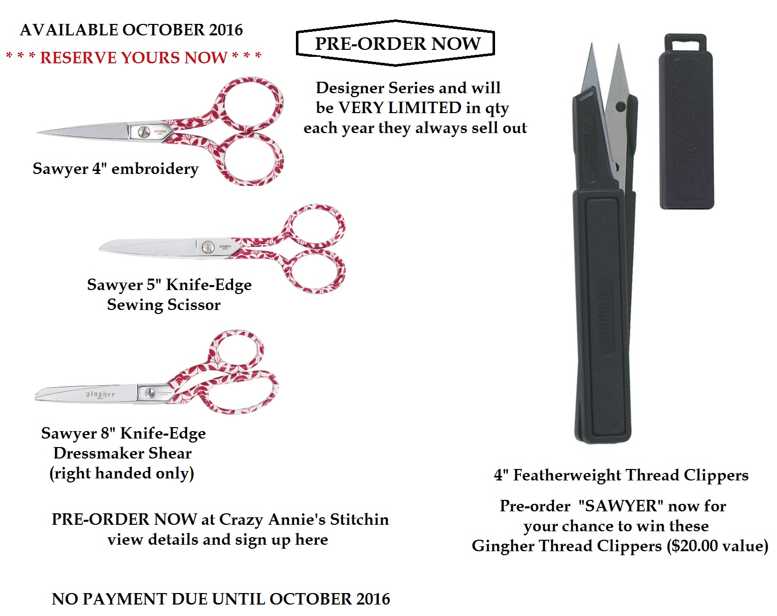 NEW "SAWYER" Gingher Designer Scissor Collection - coming in October 2016